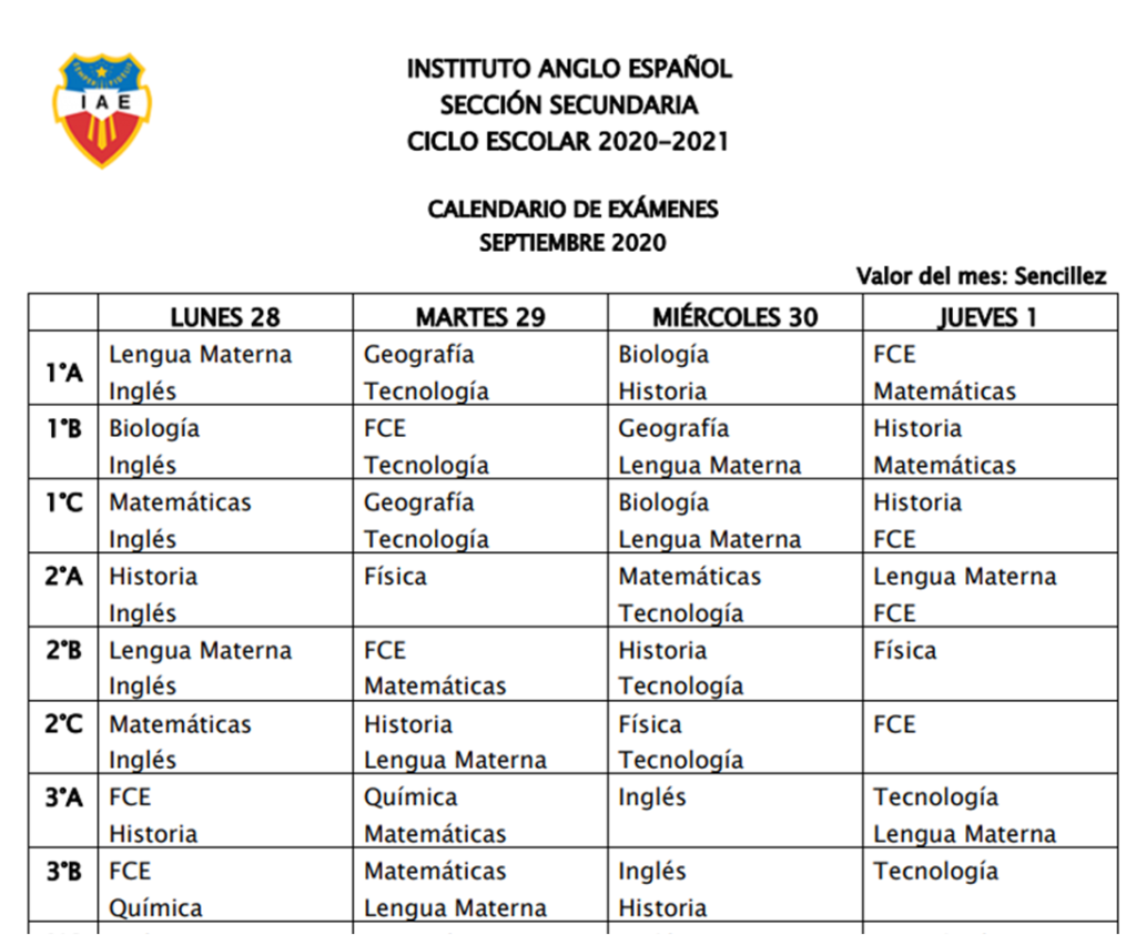 Secundaria: Calendario De Exámenes De Septiembre – IAE